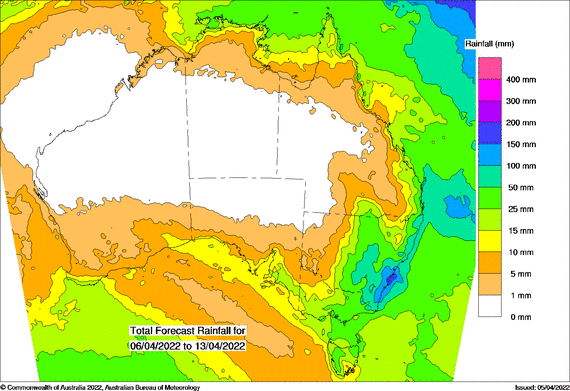 A weather chart showing expected rainfall in eastern Australia.