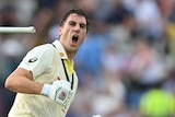 Australia batter Pat Cummins shouts in joy after winning an Ashes Test at Edgbaston.