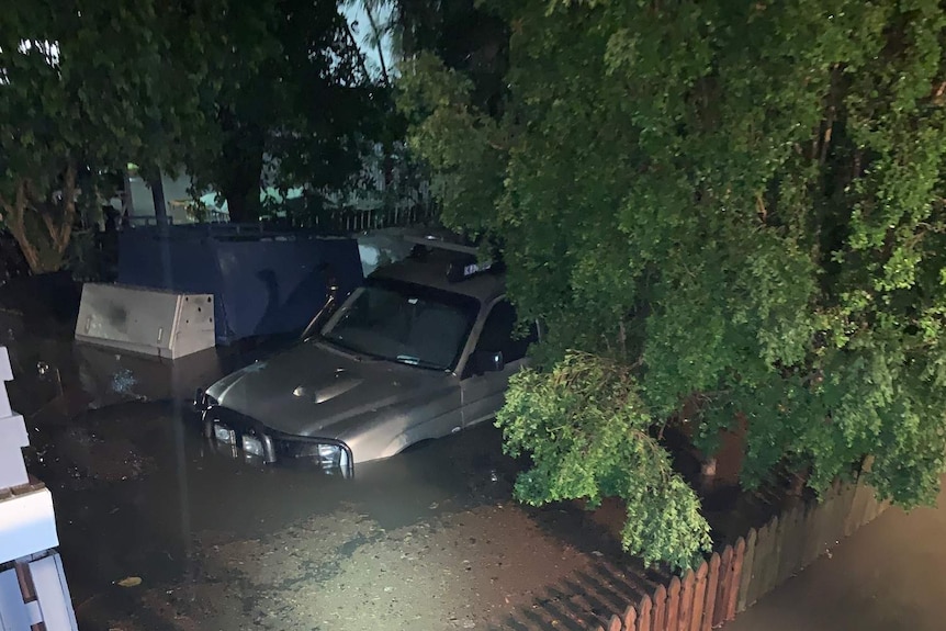 A car submerged at Woolloongabba in Brisbane during Wednesday night's storm.