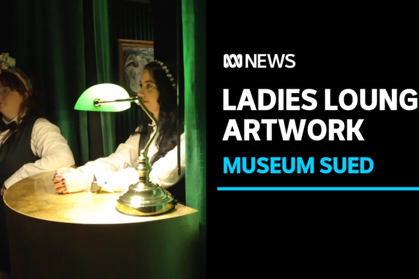 Ladies Lounge Artwork, Museum Sued: Two women in period clothing sit at a table with an antique lamp.