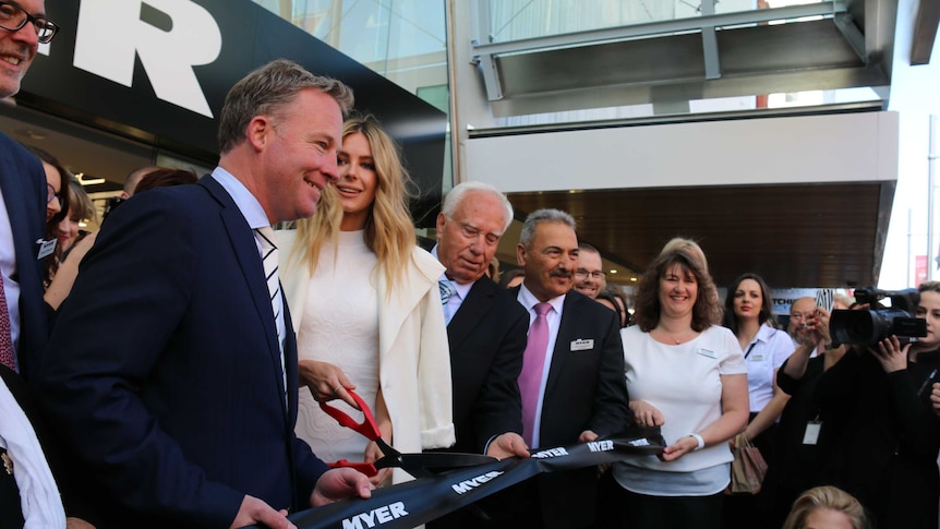 Premier Will Hodgman and Jennifer Hawkins open Hobart's new Myer store