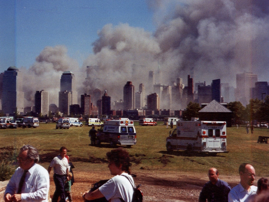 Smoke rises above the New York skyline on September 11, 2001.