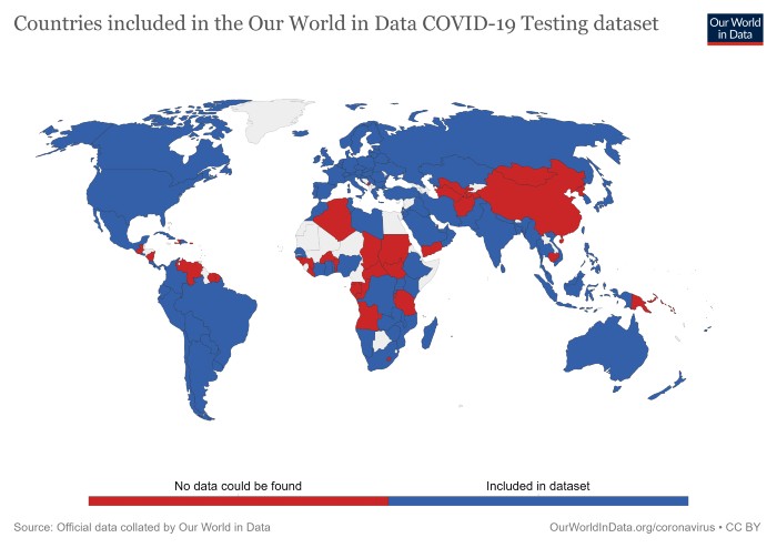 A world map shows countries where official sources coronavirus testing data could not be found.