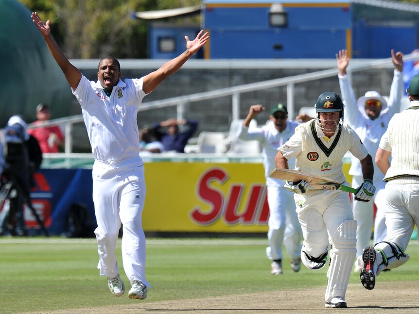 Vernon Philander successfully appeals against Ricky Ponting, out lbw for a duck.