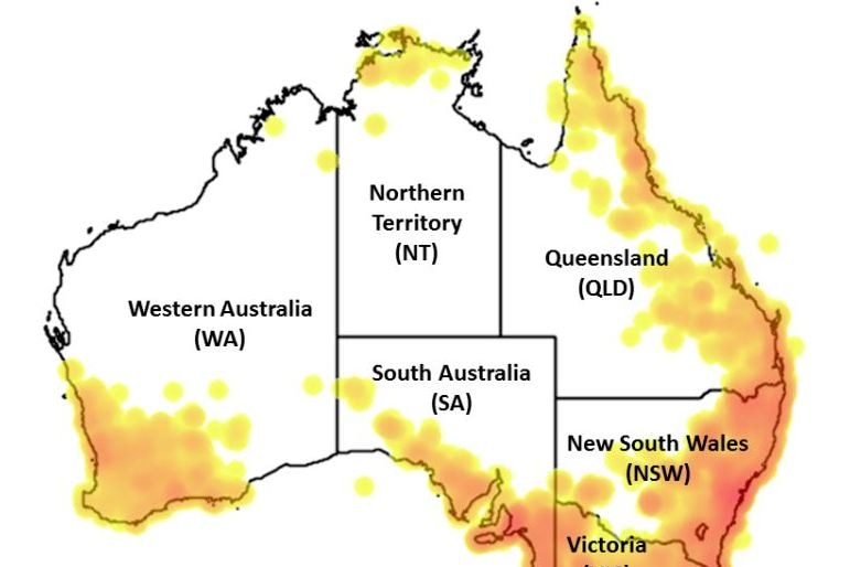 A map of Australia with some areas, mainly around the coast, coloured orange and yellow.