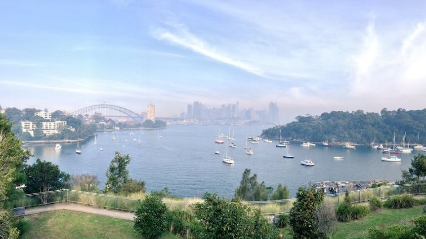 A landscape view of Sydney harbour shows smoke covering the area including boats and the harbour