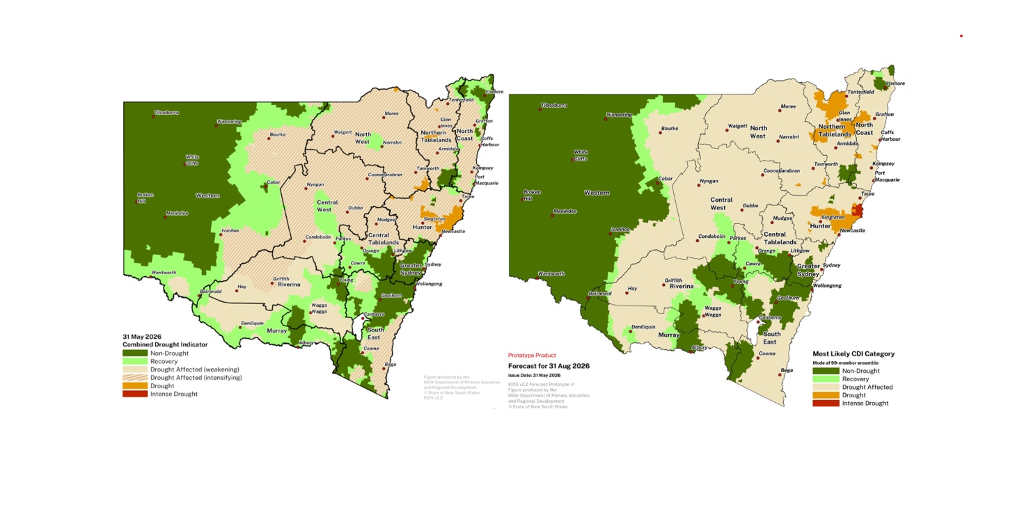 Two maps showing worsening drought conditions between May and August in much of north east NSW