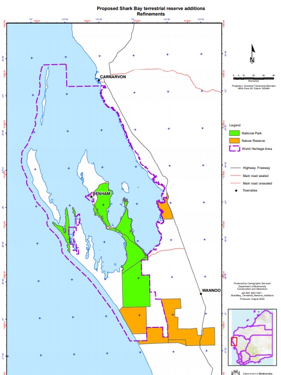 A map of areas in Shark Bay which could become national parks or reserves.