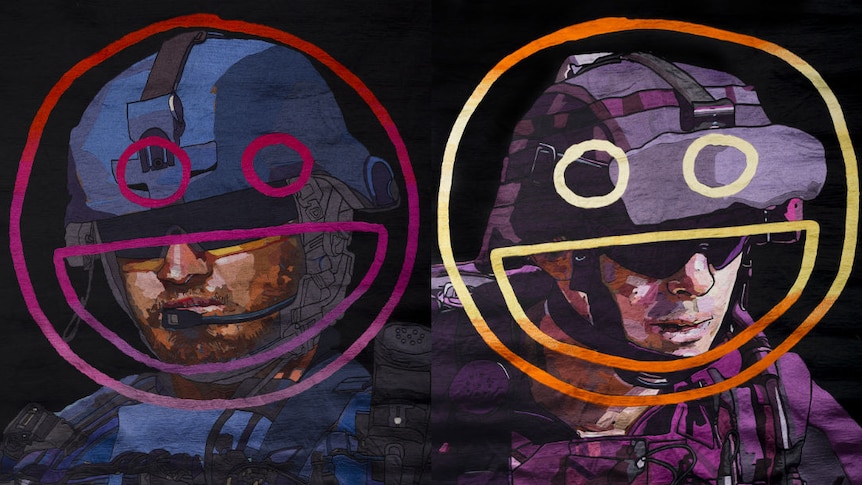 Two tapestries of men in military clothing and helmets covering their eyes, over their faces are large smiley faces