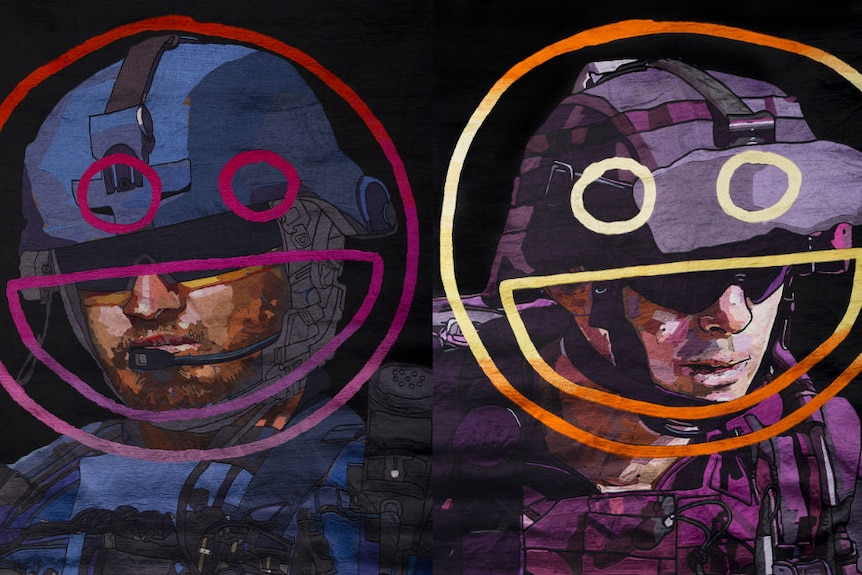 Two tapestries of men in military clothing and helmets covering their eyes, over their faces are large smiley faces