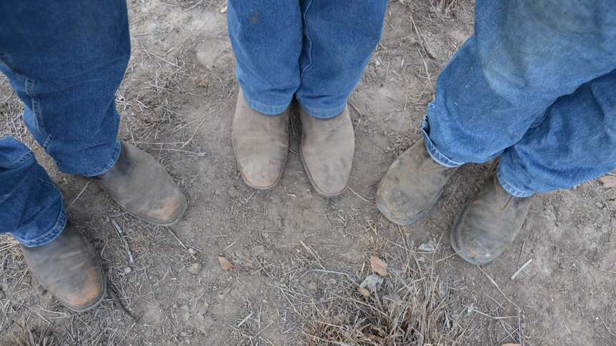 Dusty boots on dry ground as farmers wait for rain