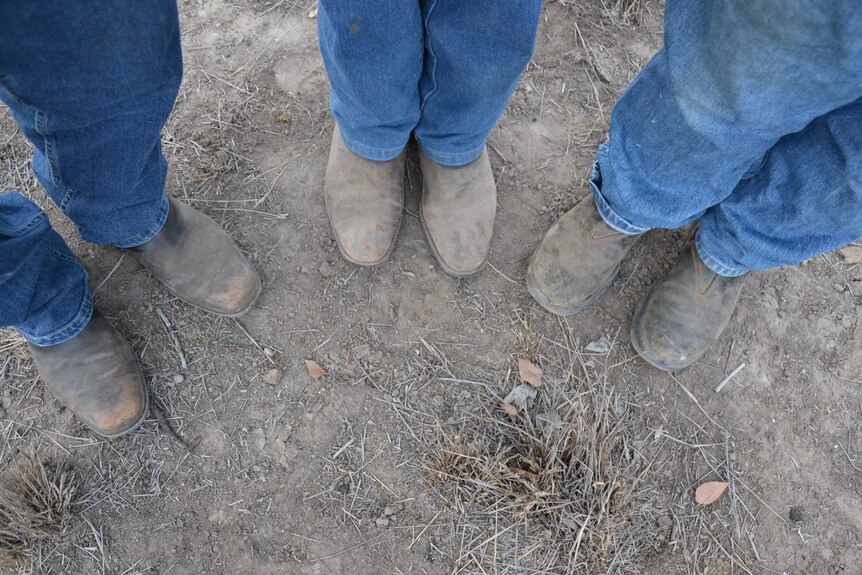 Dusty boots on dry ground as farmers wait for rain