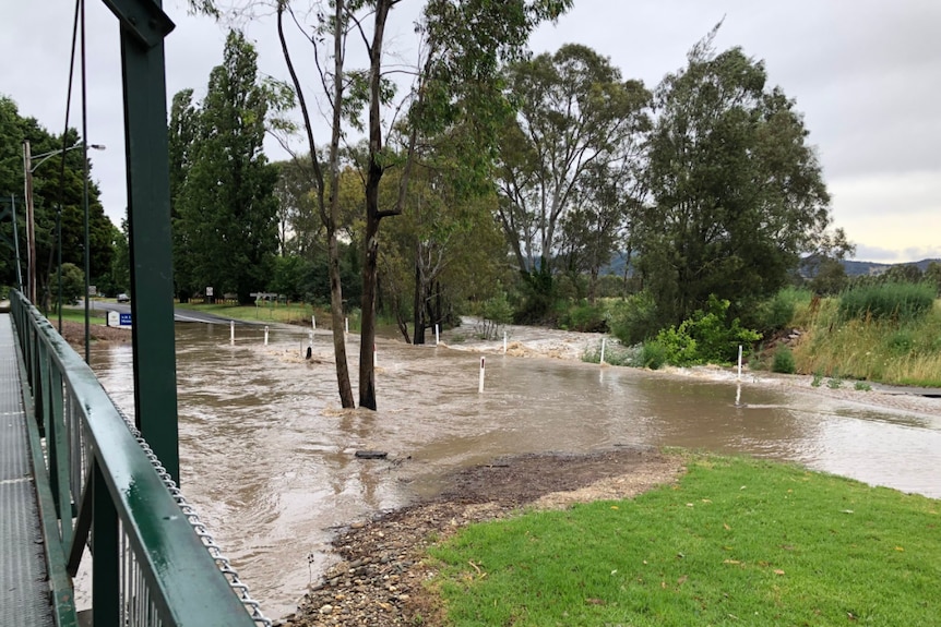 Happy Valley Creek breaches its banks at Myrtleford on Saturday.