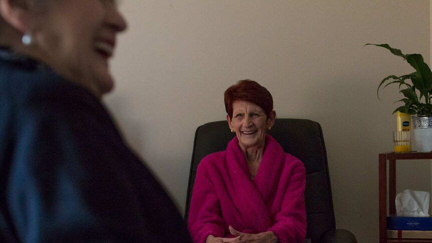 Nancy Gurciullo having a laugh with another resident of her nursing home.