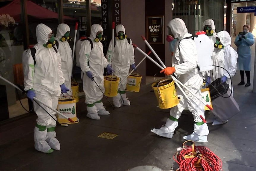 A group of cleaners in PPE stand on the street