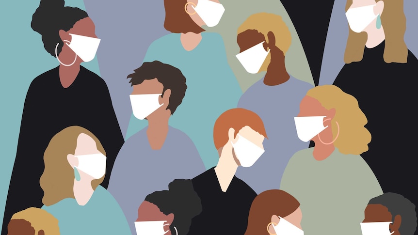 Illustration of a crowd of people wearing face masks.