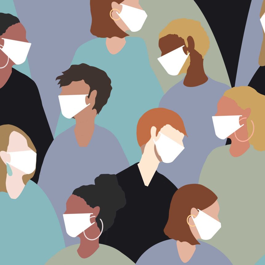 Illustration of a crowd of people wearing face masks.