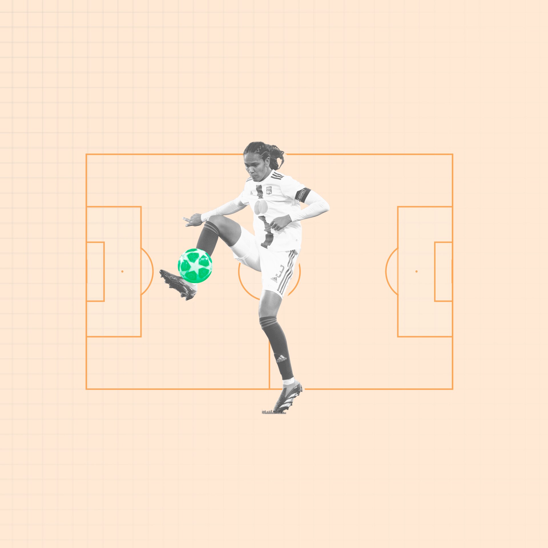 A black and white cut-out photo of Wendie Renard kicking a soccerball, against a pale orange background
