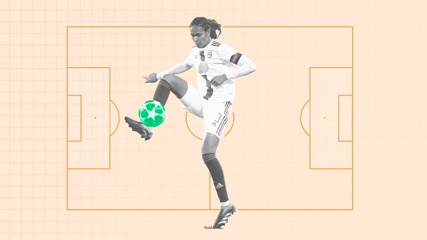 A black and white cut-out photo of Wendie Renard kicking a soccerball, against a pale orange background