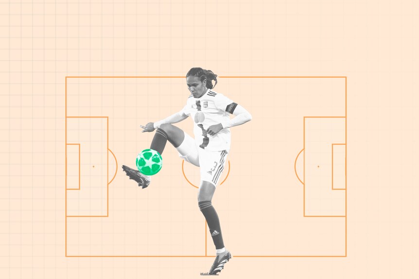 A black and white cut-out photo of Wendie Renard kicking a soccerball, against a pale orange background