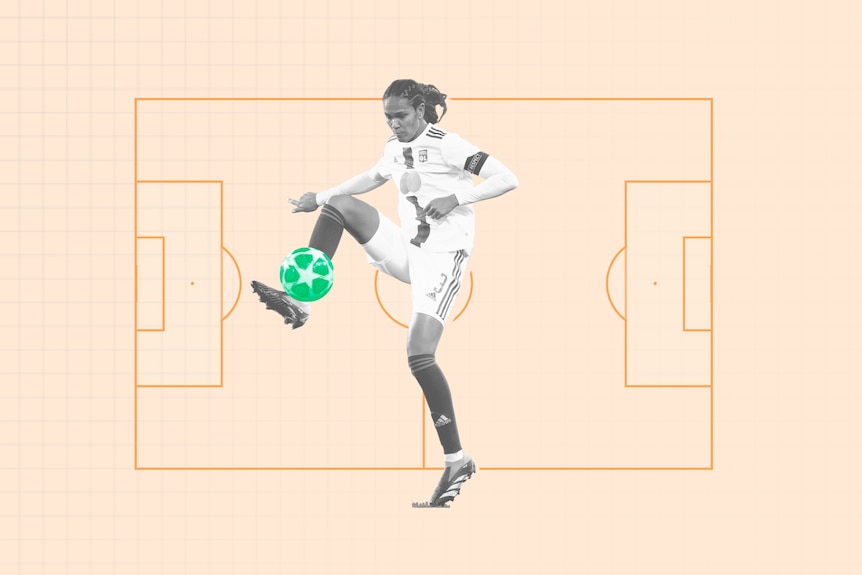 A black and white cut-out photo of Wendie Renard kicking a soccerball, against a pale orange background