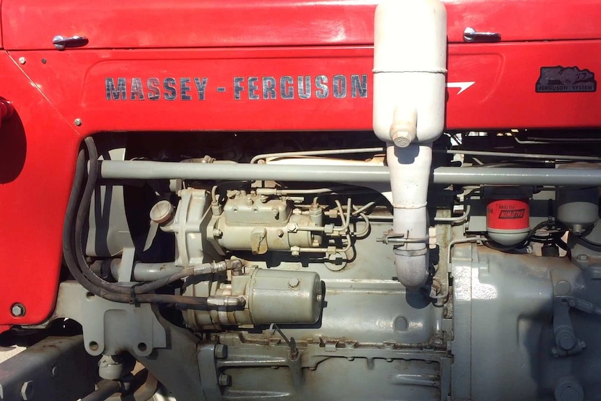 Bright red and grey Massey Ferguson engine up close.