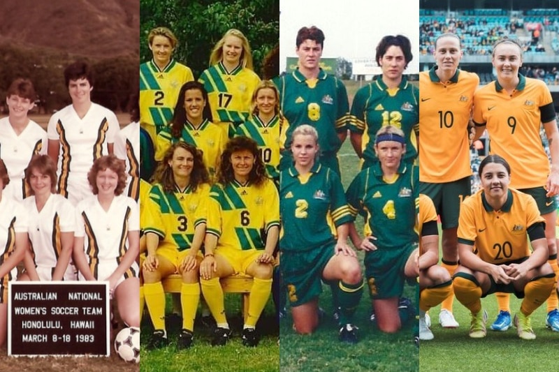 Four women's soccer teams wearing uniforms that are a combination of yellow and green pose for photos