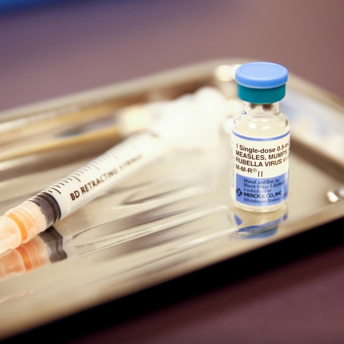 A vial of the measles, mumps, and rubella (MMR) vaccine is pictured