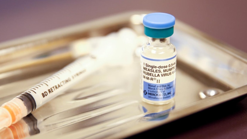 A vial of the measles, mumps, and rubella (MMR) vaccine is pictured