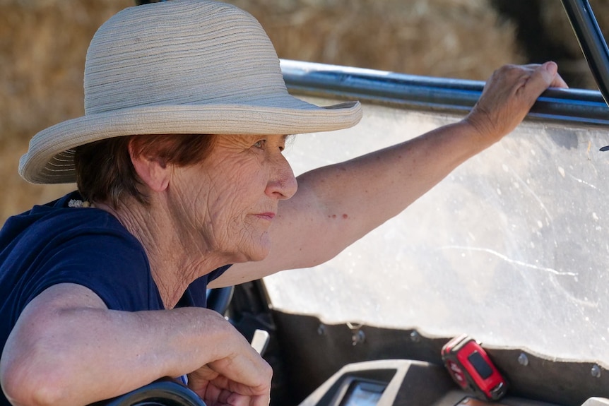 Paula Stevenson sitting on a farm buggy, wearing a hat, looking through frame, on her property near Scone, NSW, September 2023.