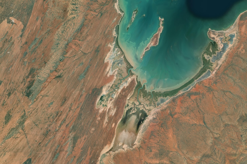 Satellite view of arid plains and estuaries of Exmouth Gulf