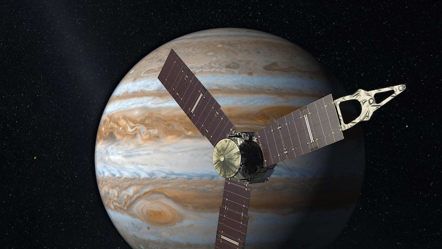 Artist's impression of the Juno spaceprobe in front of the planet Jupiter