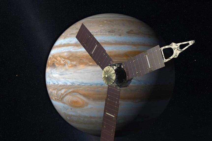 Artist's impression of the Juno spaceprobe in front of the planet Jupiter