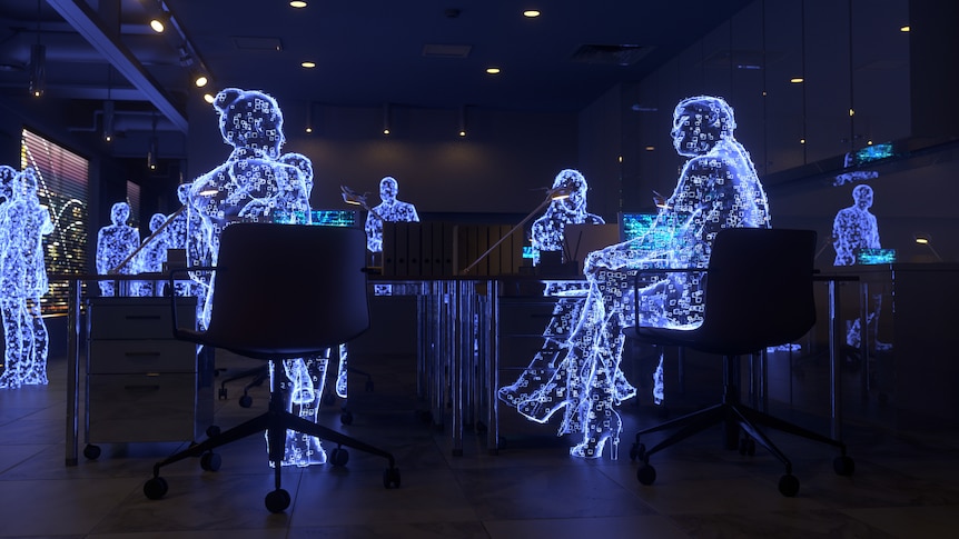 A boardroom full of holograms sitting in chairs, representing artificial intelligence in management positions