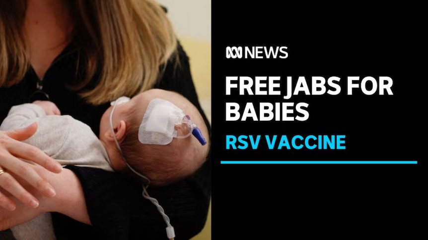 Free Jabs for Babies, RSV Vaccine: A baby with a drip in it's head is held by a woman.