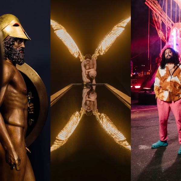A triptych shows a painted bronze classical statue, a woman with illuminated gold wings, and Ramesh Mario Nithiyendran.
