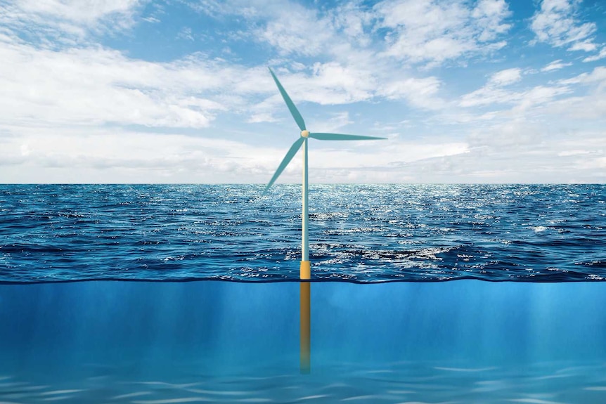 Collage of ocean, sky and illustration of of monopile wind turbine in ocean floor.