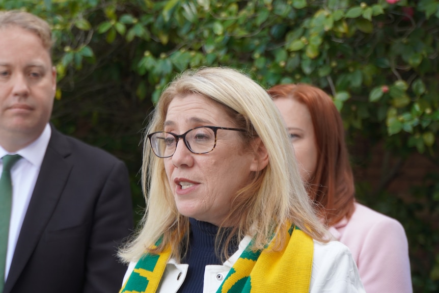 A woman speaks at a press conference wearing a green and gold scarf.