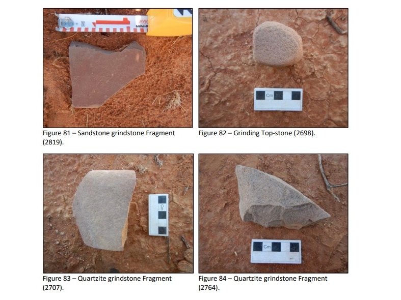 Four pictures of stone and rock fragments with captions describing them as grindstone-related objects.