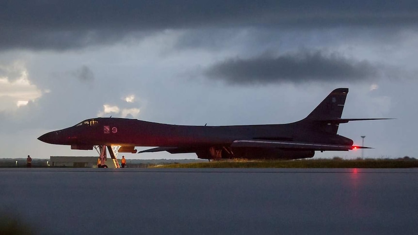US Air Force B-1B Lancer prepares to take off from Andersen AFB in Guam.