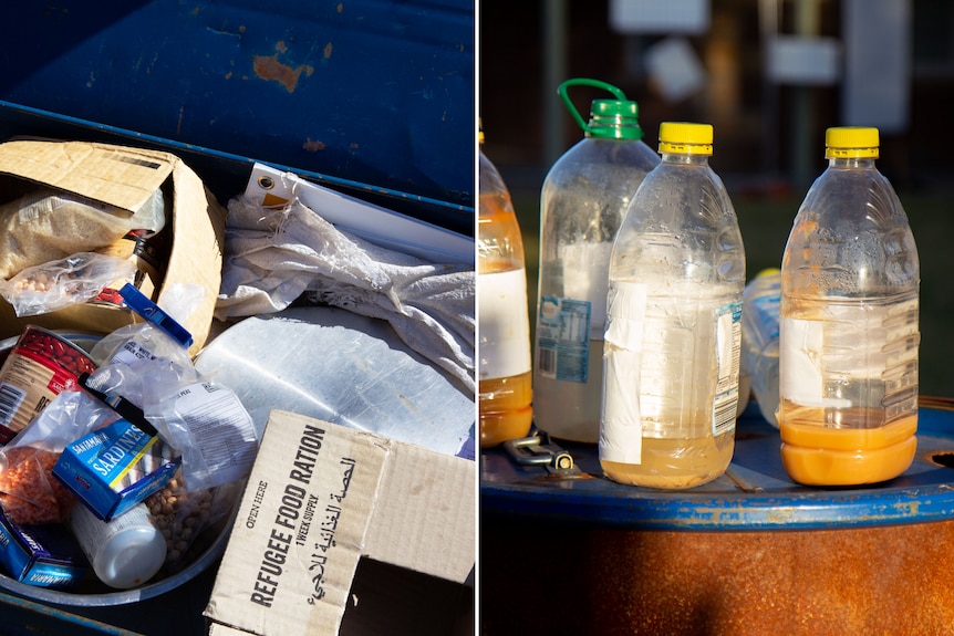 Two photos: one of rubbish and a food ration box and another of a group of used juice bottles 