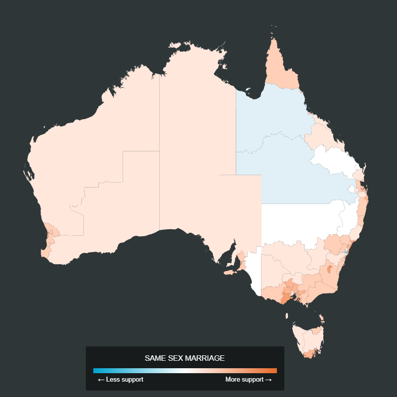 A map shows SSM gained majority support across most parts of Australia.