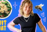 Kath, who has curly fair hair, smiles in a 'chit chat' graphic that includes a bee and a plate of broccoli.