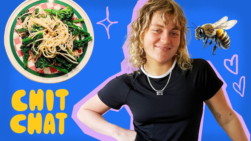 Kath, who has curly fair hair, smiles in a 'chit chat' graphic that includes a bee and a plate of broccoli.