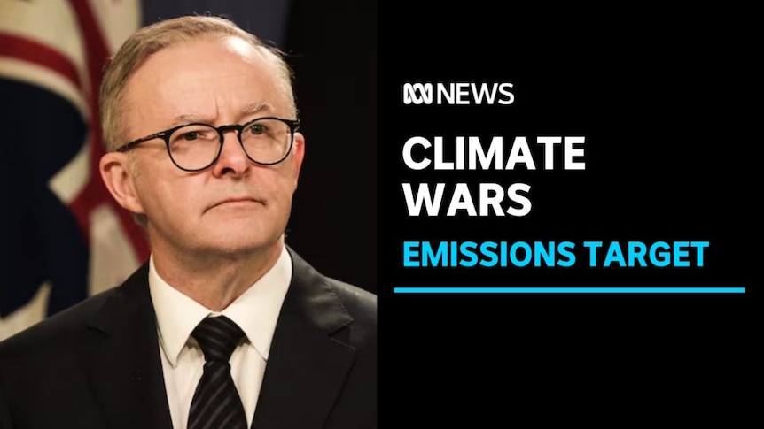 Climate Wars, Emissions Target: Anthony Albanese looks off-camera during a media conference.