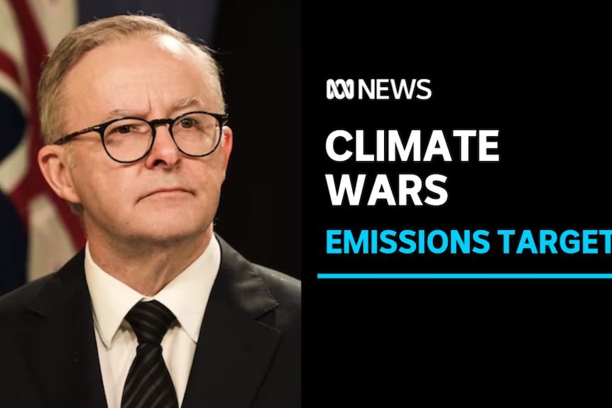 Climate Wars, Emissions Target: Anthony Albanese looks off-camera during a media conference.