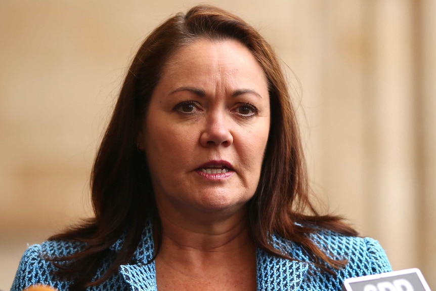 WA Opposition Leader Liza Harvey standing before microphones outside parliament in Western Australia