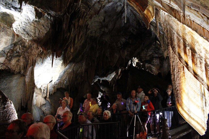 A group of people standing in a cave.