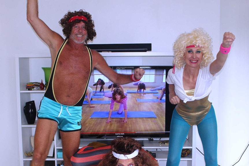 Carl, Andrew and Lisa recreate the 'physical' film clip in lycra and active wear