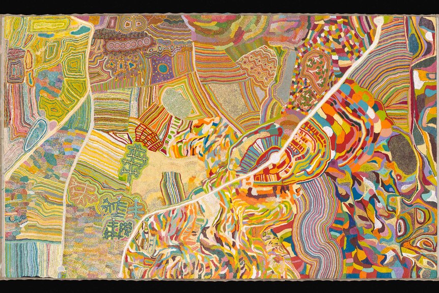 An Aboriginal artwork titled 'Hunting Ground', by Martumili Art Studio. It is a large painting with bright colours and patterns